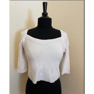 Turning Point Vintage 90's Fitted Stretchy White 3/4 Sleeve Crop Sweater - Sz L